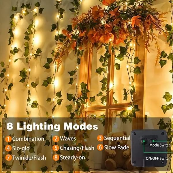LED Plastic Leath Solar Powered Outdoor Fairy Lights IP65 Waterproof 8 Lighting Modes for Christmas Wedding Decoration