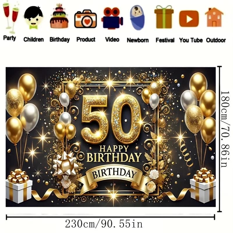 50th Birthday Party Banner Gold Black