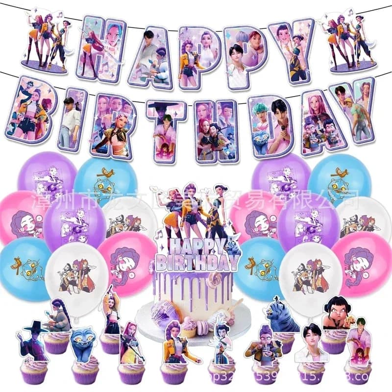 Birthday Kpop DIY Party Decoration Girl Group Themed Banner Flag Pulling Cake Inserting Balloon Background Cloth Insertion Set