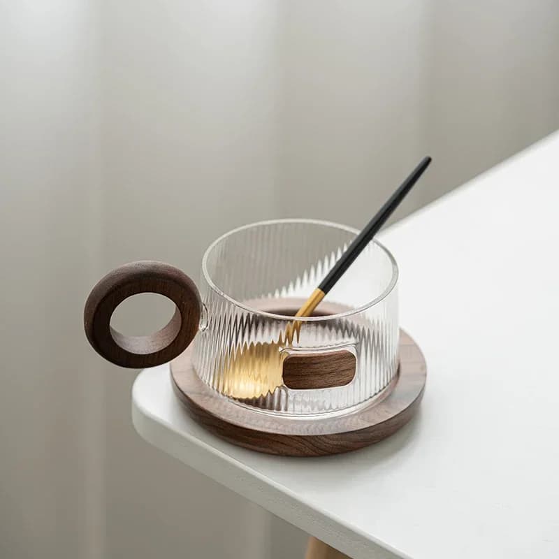 Walnut Wood Coffee Cup Set with Tray and Spoon