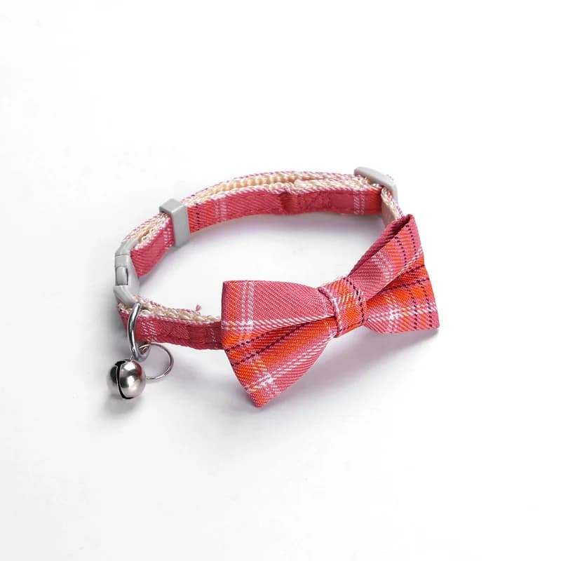Adjustable Pet Collar with Bell and Plaid Bowtie