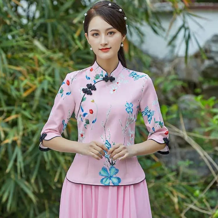 Embroidered Qipao Cheongsam Top with Pants Set