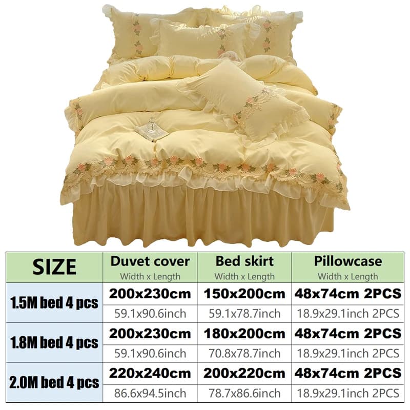 4PCS Embroidery Lace Bedding Set (Duvet Cover + Bed Sheet + Pillowcase) Quilt Cover Set Comfortable Ruffle Bedding Set Bedspread