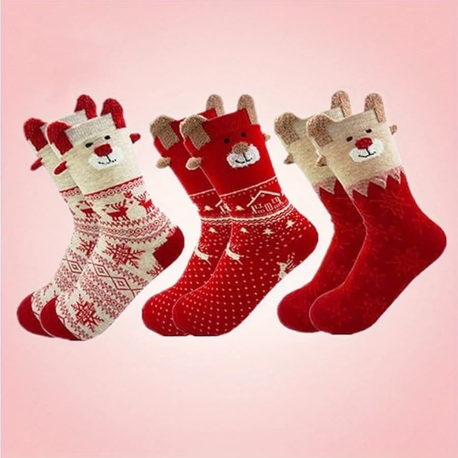 Women's Christmas Cartoon Long Socks, 3-Pair Set