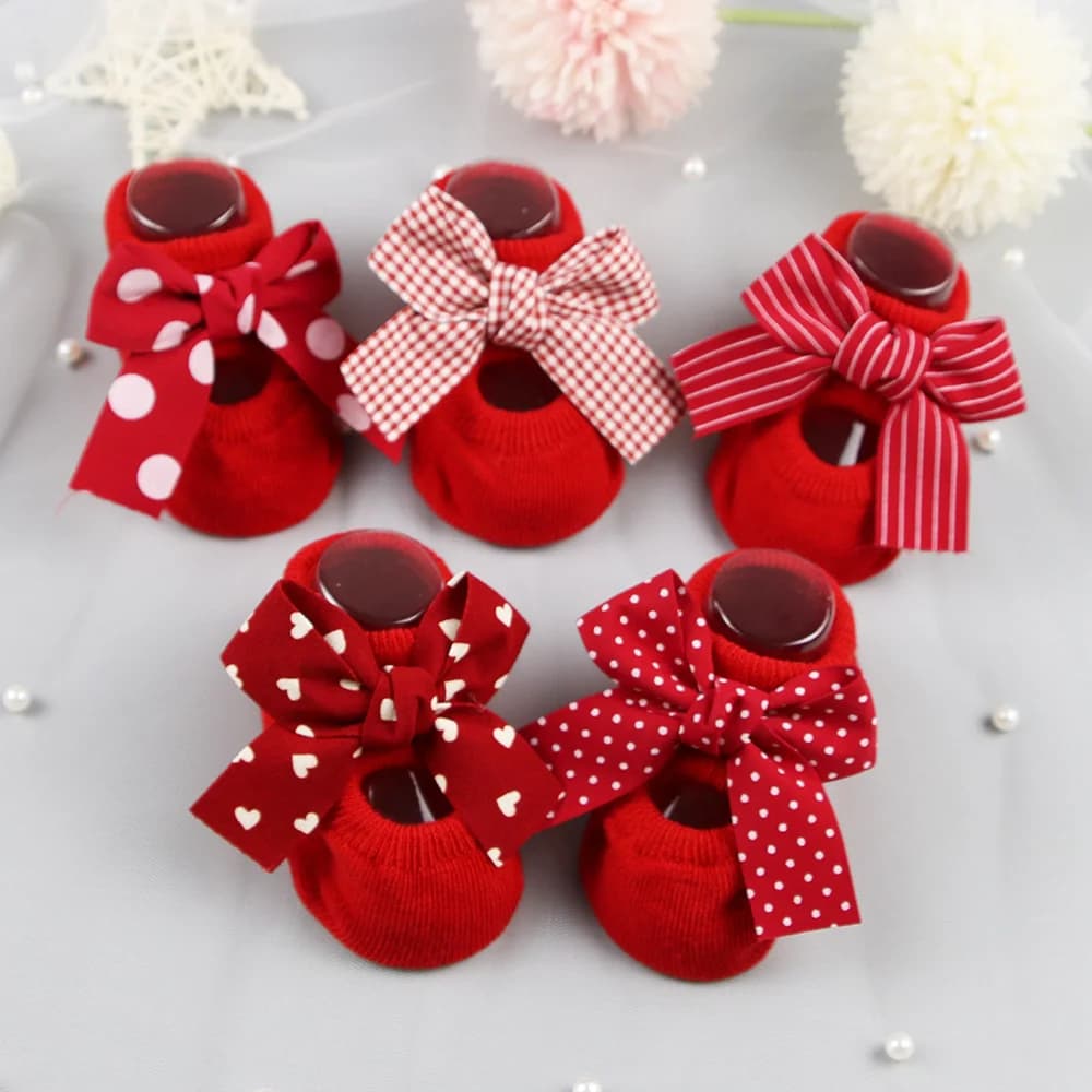 Baby Girl Bow Boat Socks Red Cotton