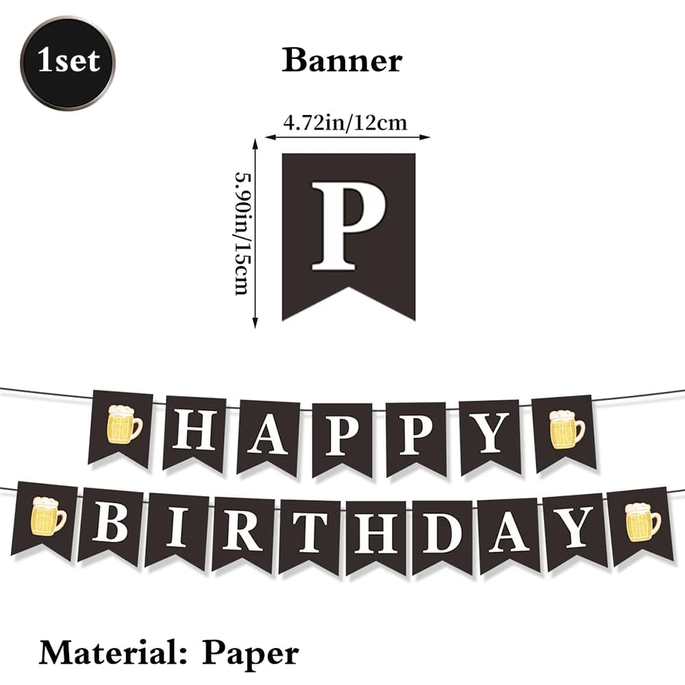 Adult Birthday Party Decor Large Champagne Foil Balloons Beer Mug Helium Globos for Men Women Black Gold Happy Birthday Banner