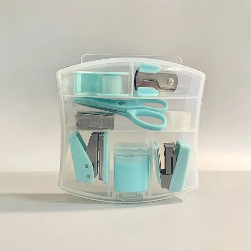 8 PCS Mini Office Supplies Set with Portable Case - Including Scissors Tape Box Pencil Case Puncher and Staples