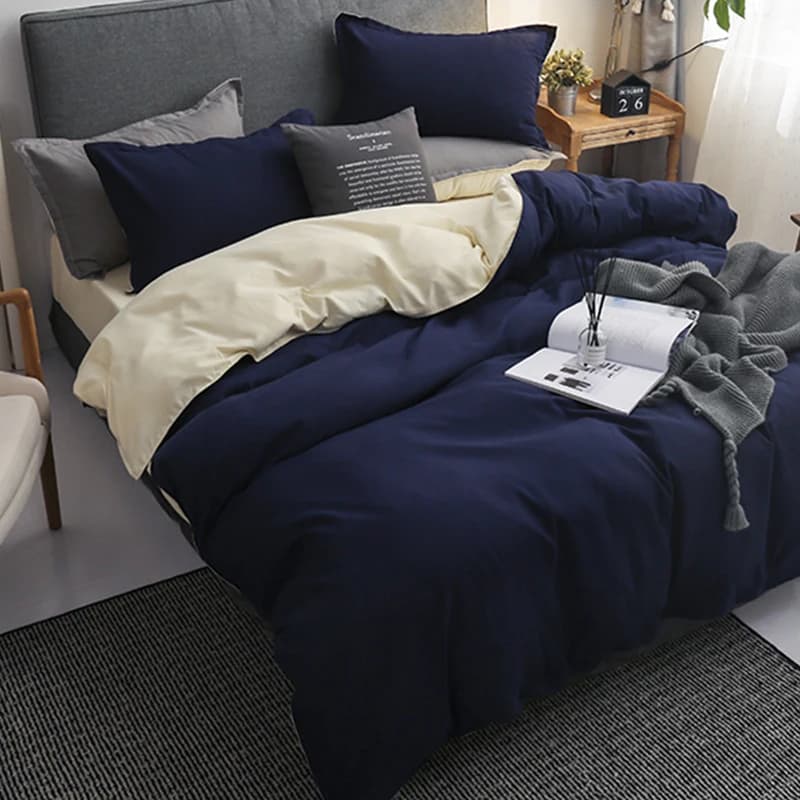 Simple Solid Sanding Bedding Set 4Pcs Two-Color Soft Bedclothes for Four Seasons Skin-Friendly Bedroom Decor for Adult Students