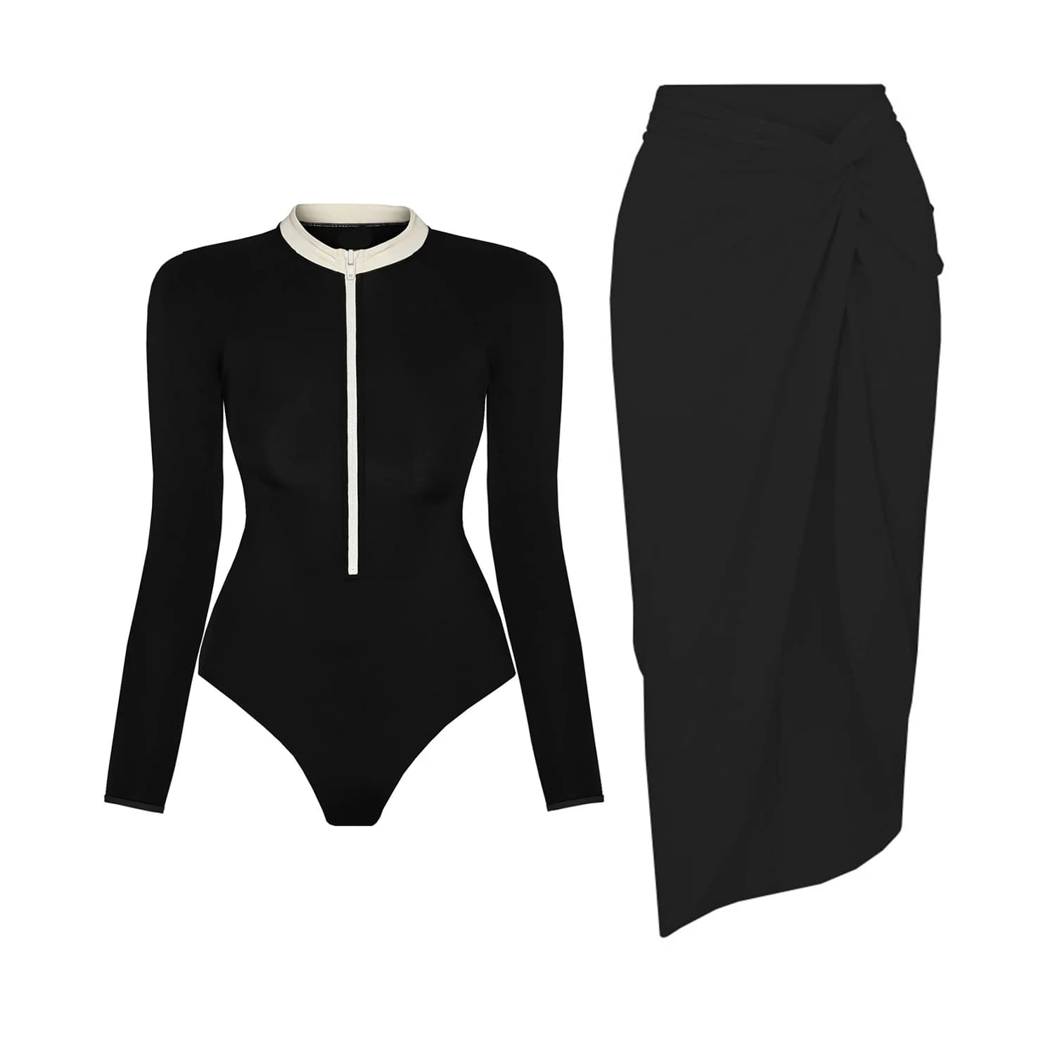 Black White Patchwork Long Sleeve One-Piece Swimsuit