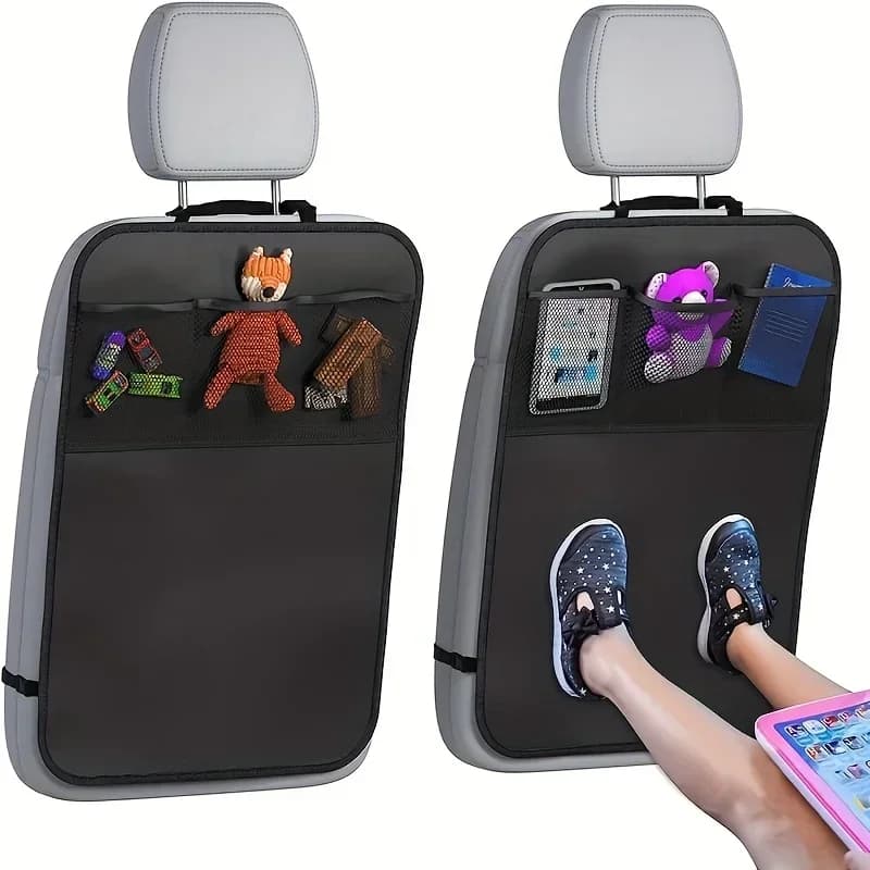 Black Seat Cover for Kids with 3 Pocket Storage Organizer, Waterproof Kick Mats Backseat Protector, Car Seat Back Protectors