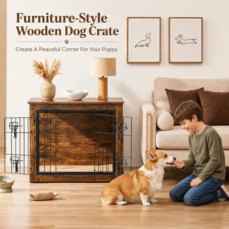 Wooden Dog Crate Side Table with Cushion