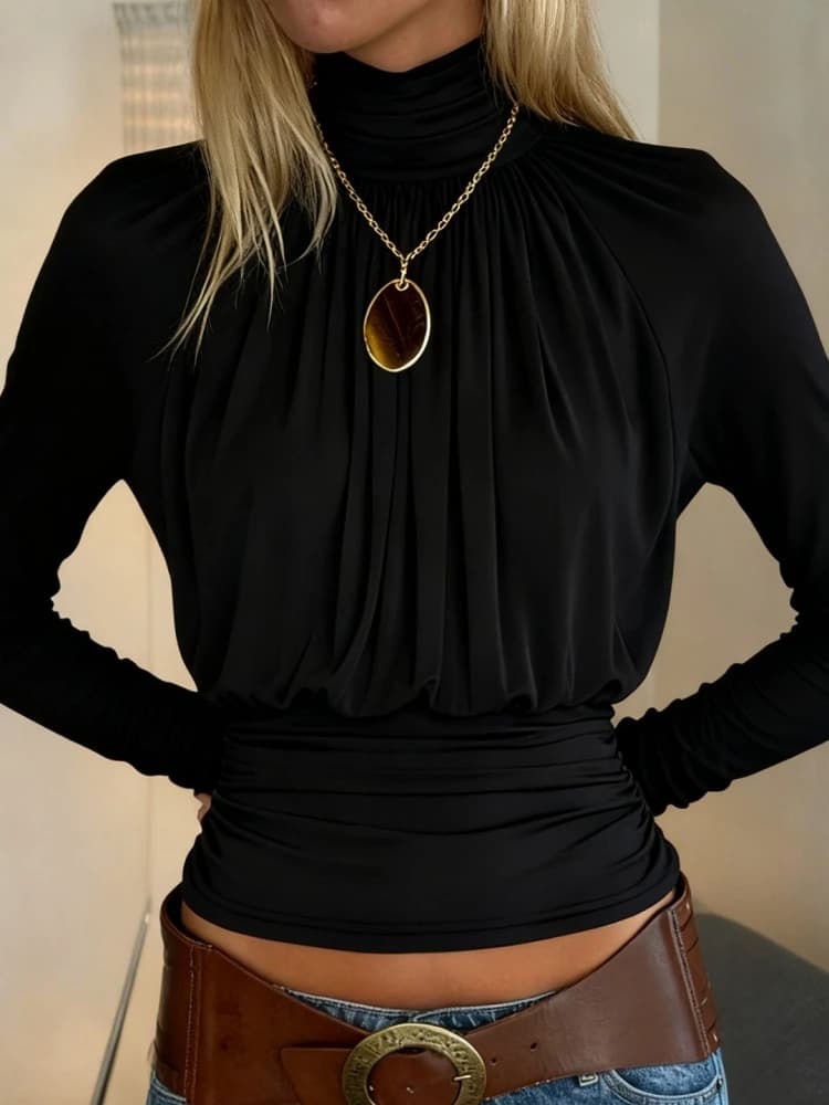 Women's Black Turtleneck Long Sleeve Top