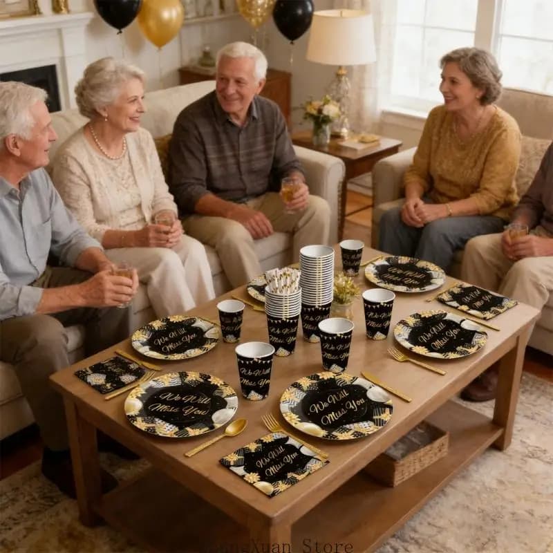 Elegant Dark And Shimmering Retirement Party Decorations Set Designed With High Quality White Cardstock For A Special