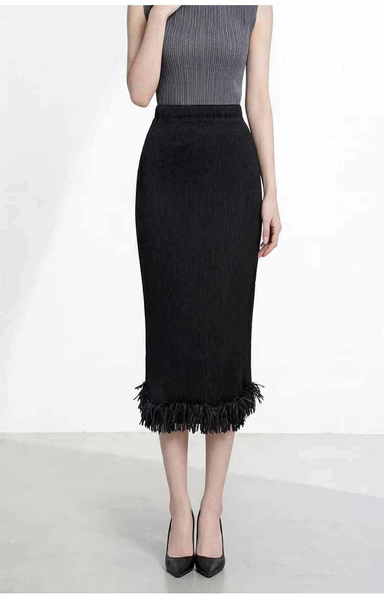 Black Pleated Pencil Skirt with Elastic Waist