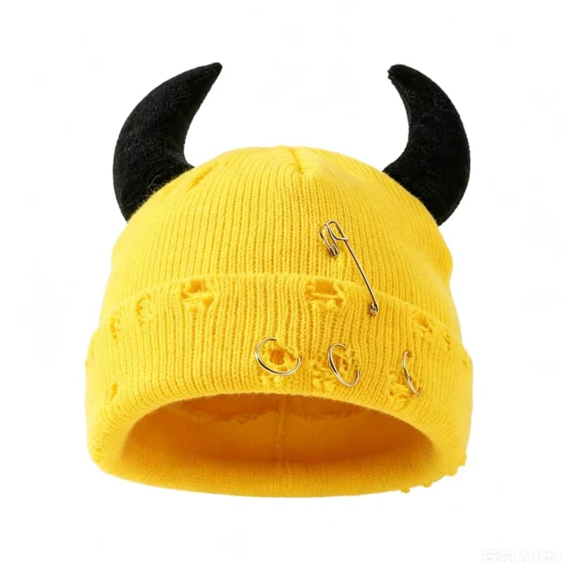 Devil Horn Knit Beanie with Ring Pin