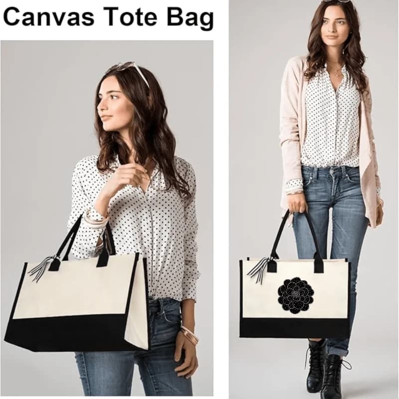 Cream and Black Floral Spiral Canvas Tote
