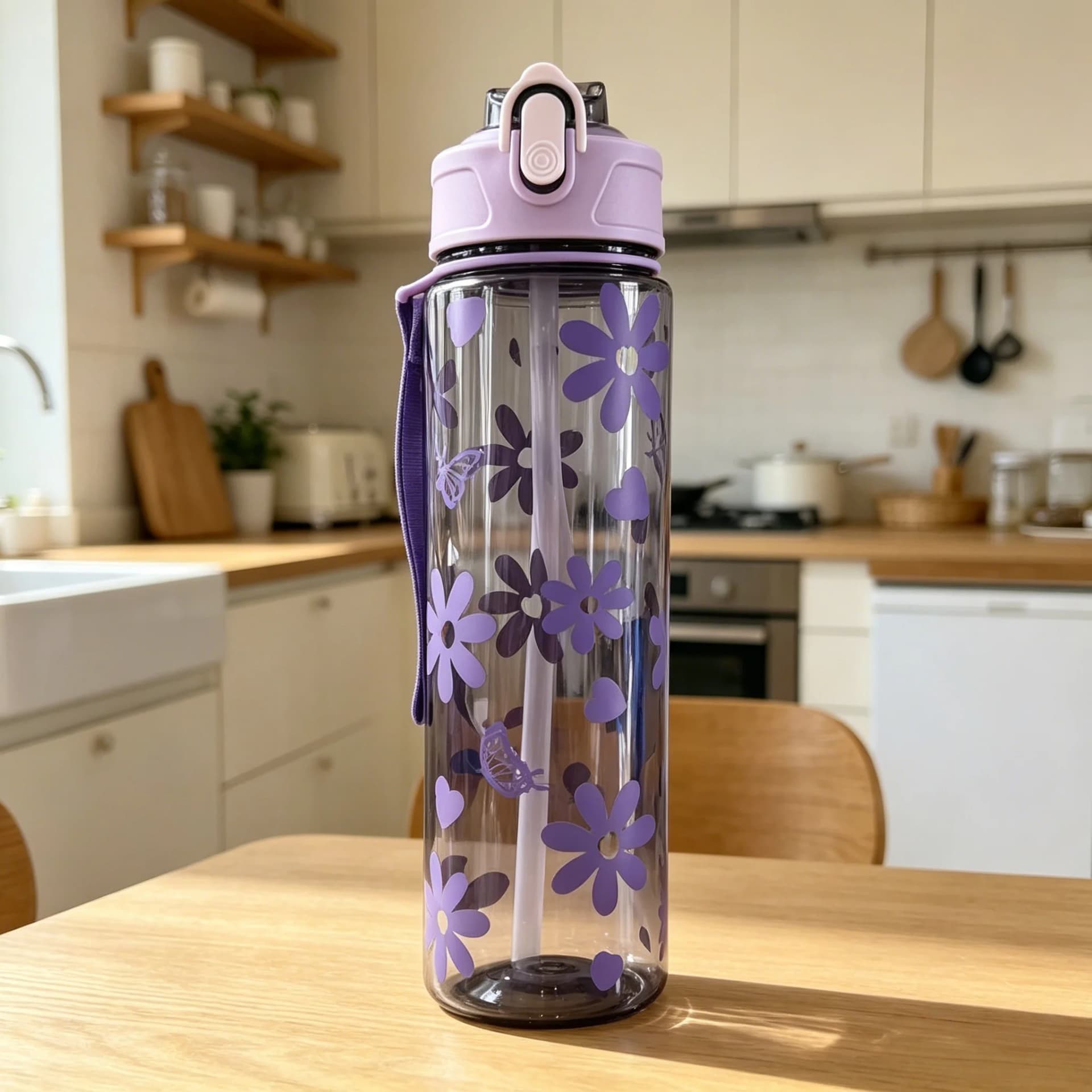 Water Bottle with Full Print of Flowers and Bowknot Patterns, Trendy & Stylish, Lightweight with Portable Lanyard, Durable