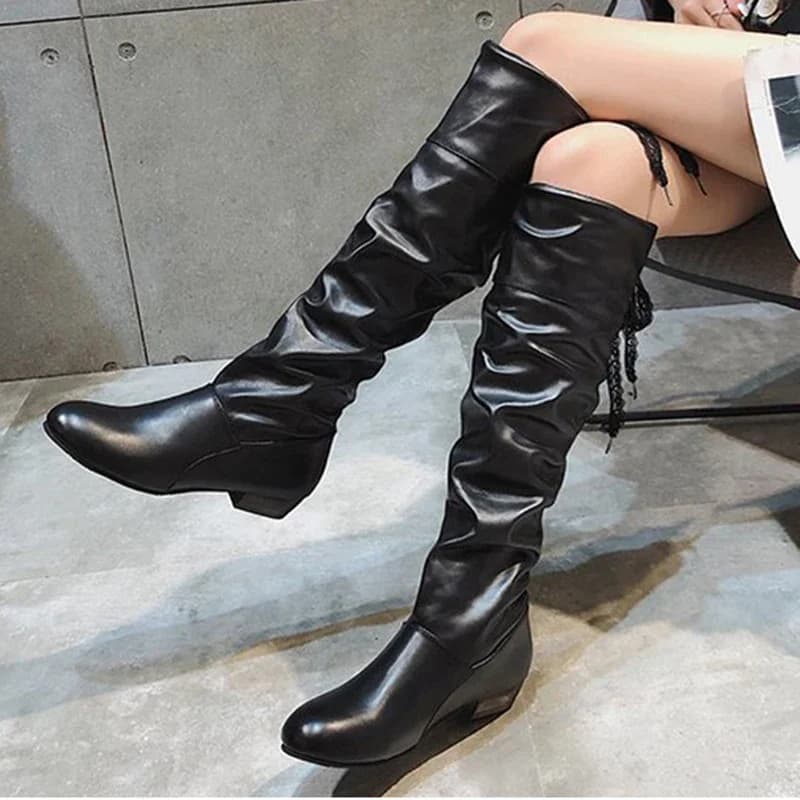 Shoes For Women  Knee High Boots Red Black White Tall Boots Woman Pleated Low Heel Casual Leather Female Long Shoes 2024
