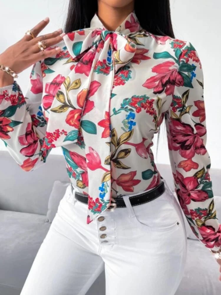 Women's Fashion Work Clothes Floral Print Bow Tie Shirt Fashion Office Dress up Women's Business Casual Clothing