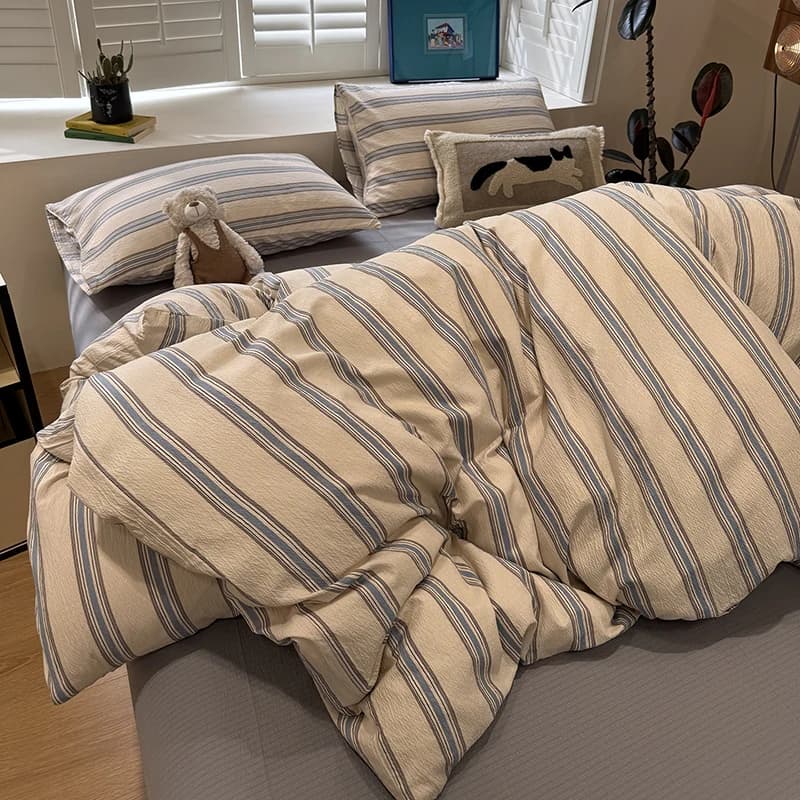 4Pcs Geometric Bedding Set for Four Seasons Soft Stripe Printing Skin-Friendly Bed Sets Single Fitted Sheet Kit with Quilt Cover