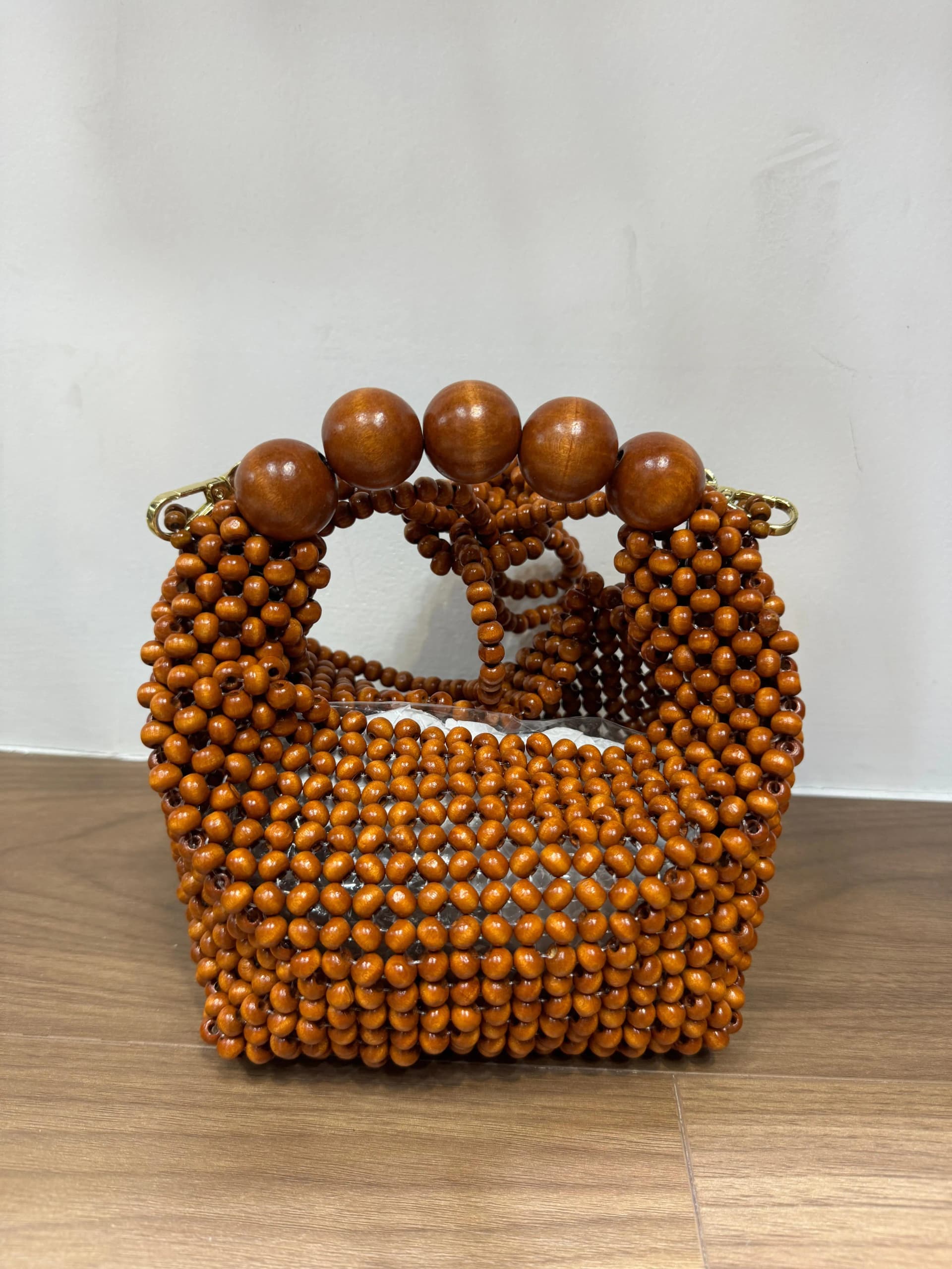 Handmade Woven Handbag Wood Beaded Handbag For Women Exquisite Hollow-out Wooden Beaded Shoulder Bag Female Beach Bag