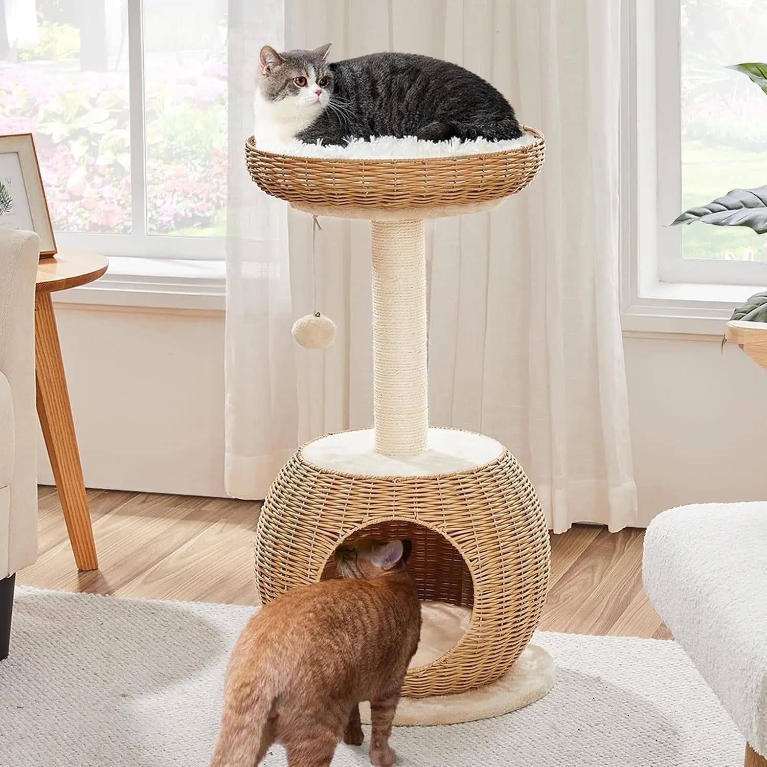 Small Boho Cat Tree with Rattan Perch