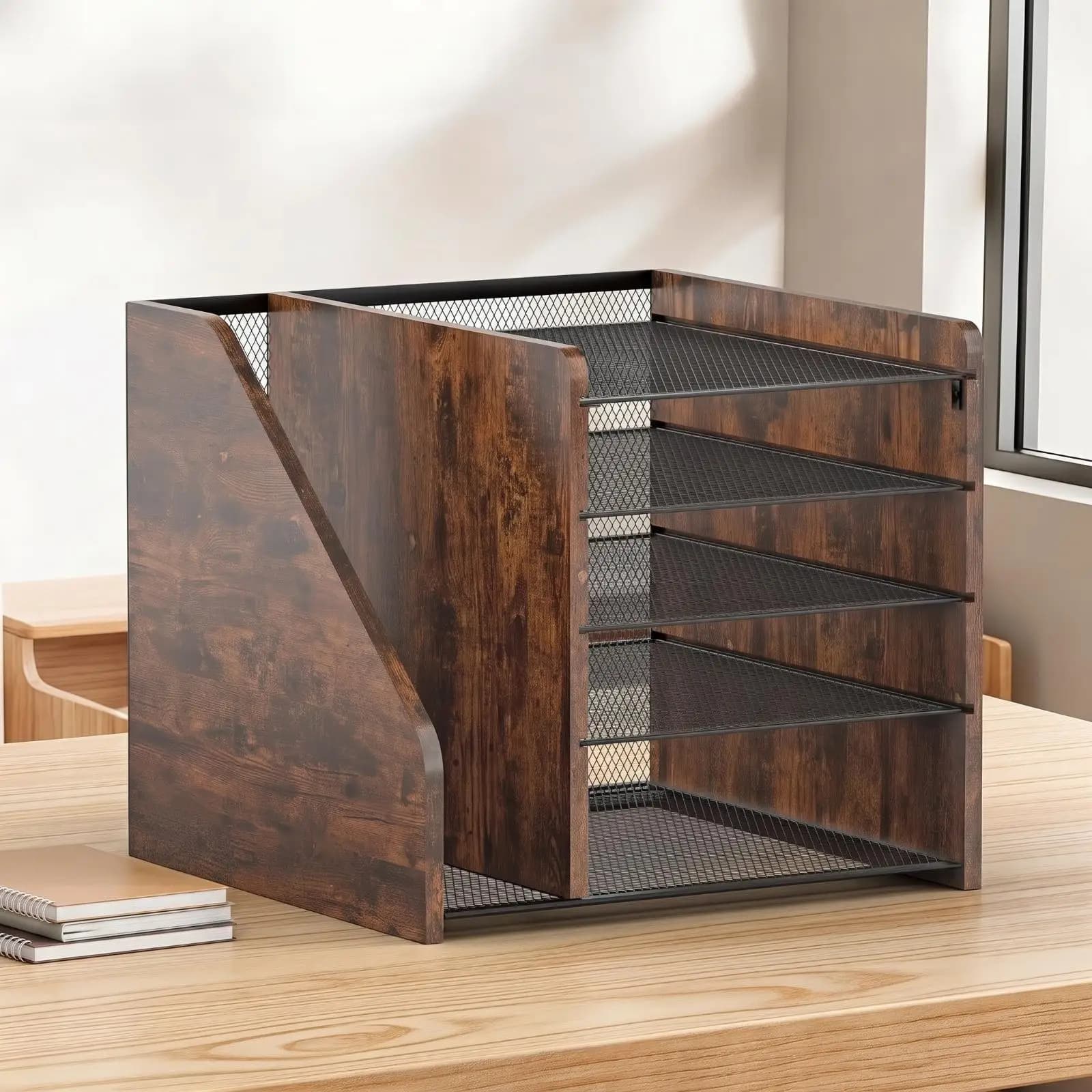 Wooden File Organizer Space Saving Desktop Shelf Organizer Large Desk Organizer for Home Workspace