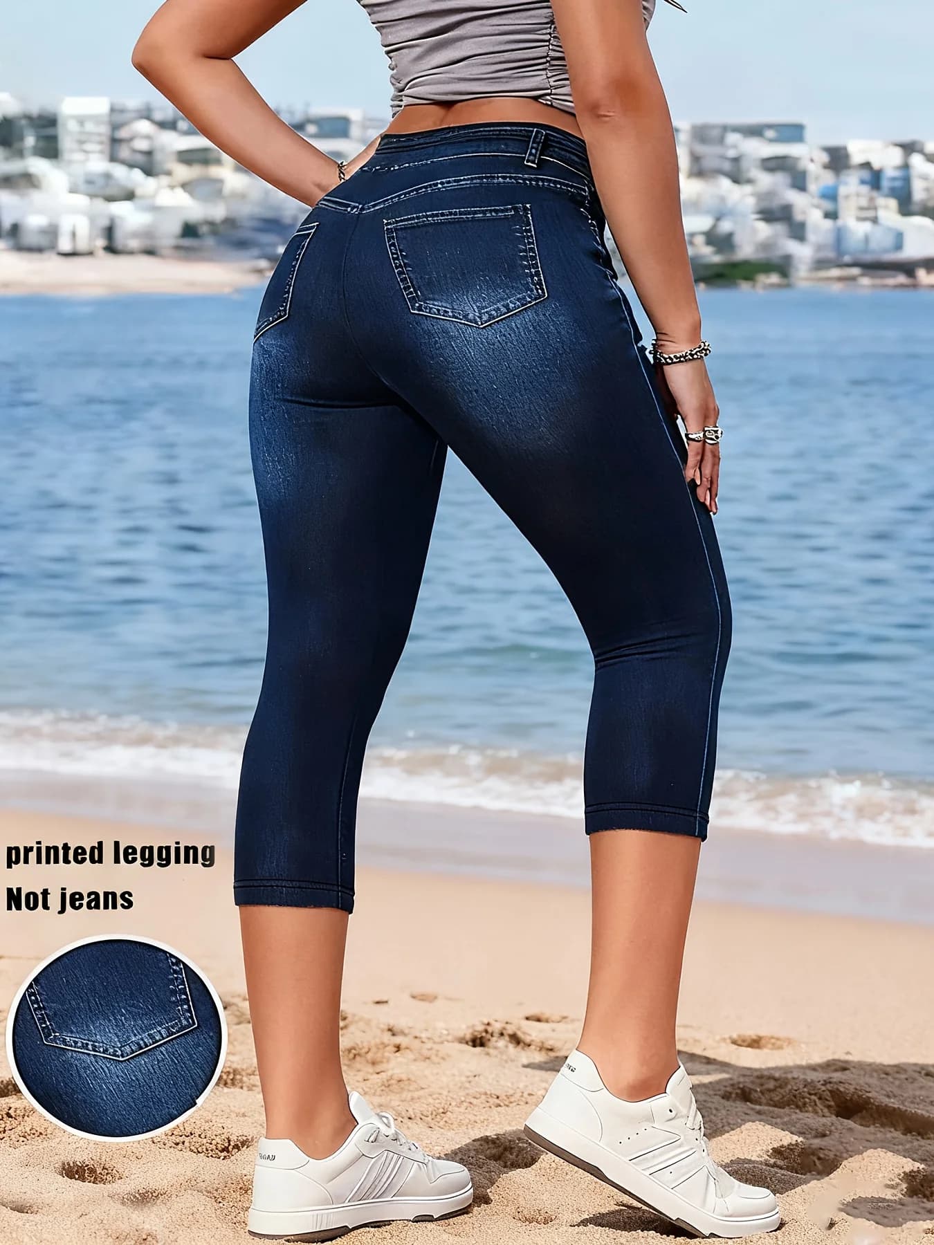 Women's Summer Capri Leggings with Denim Print