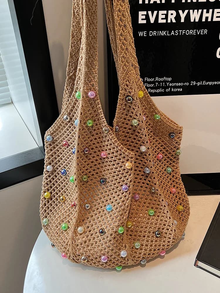 Knitted handbag, hand-held handmade woven bag, hollowed out casual small handbag, vest, large capacity crossbody bag