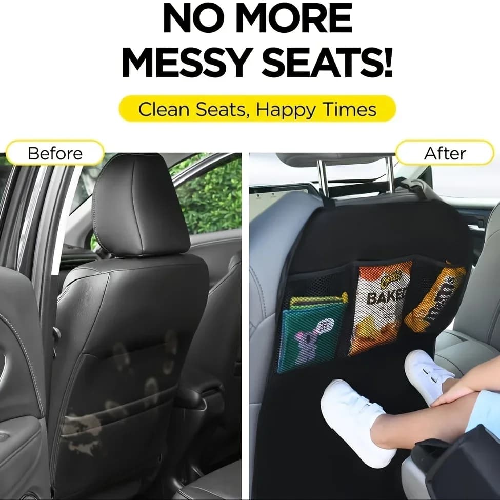 Black Seat Cover for Kids with 3 Pocket Storage Organizer, Waterproof Kick Mats Backseat Protector, Car Seat Back Protectors