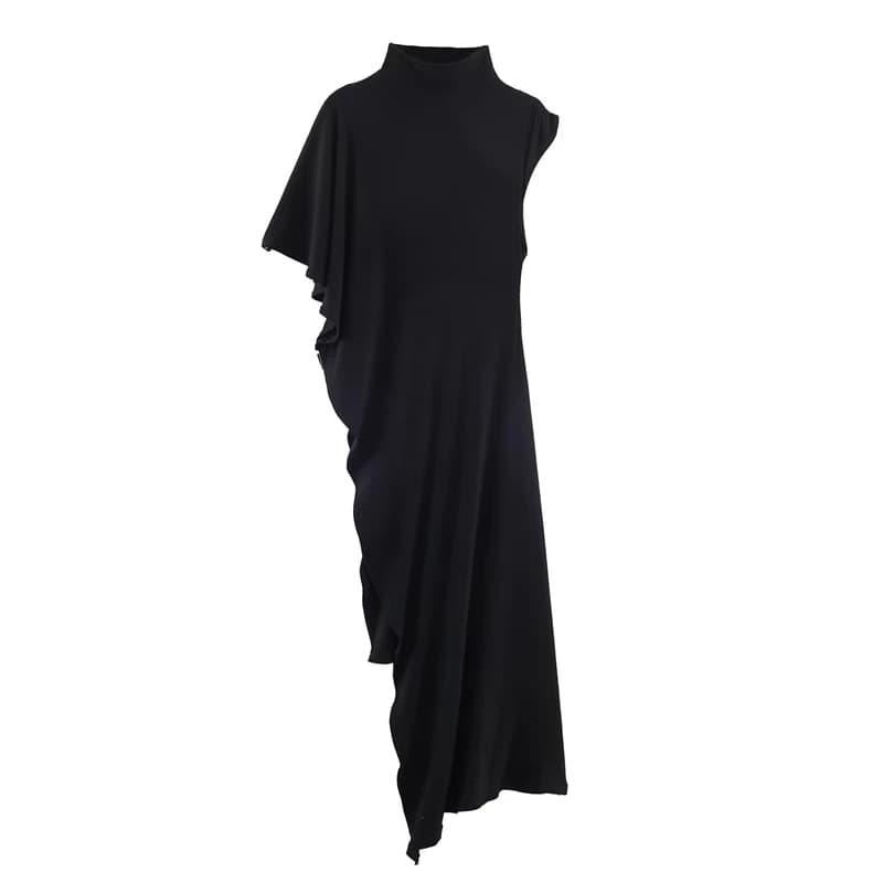 Women's Dress 2026 New Fashion Spring Summer Black Asymmetric Ruffle Dress for Women Casual Chic Personality Top