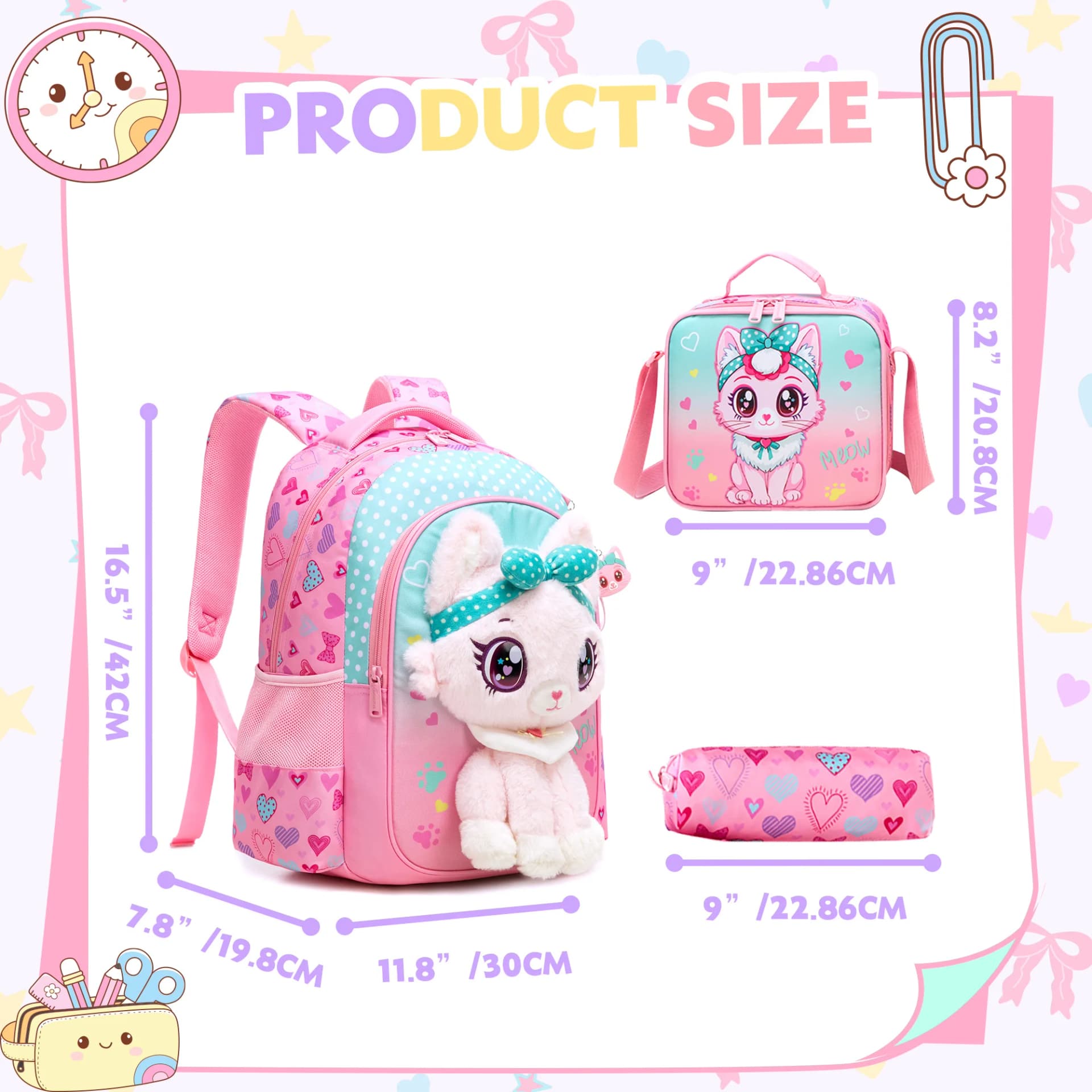 Girls School Backpack with Lunch Bag and Pencil Case