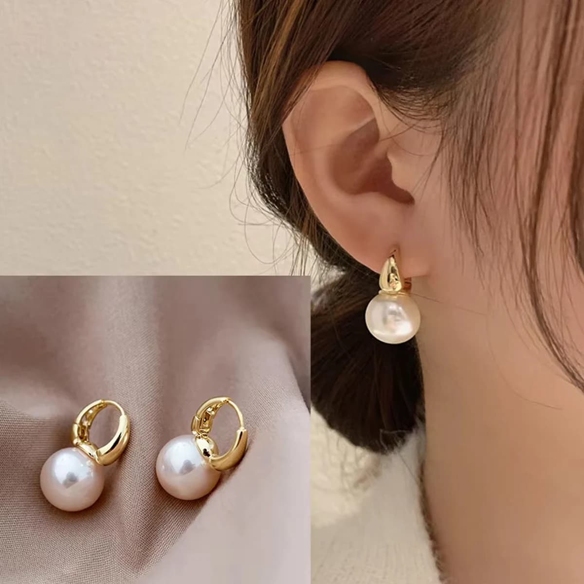 Gold Pearl Stud Hoop Earrings
