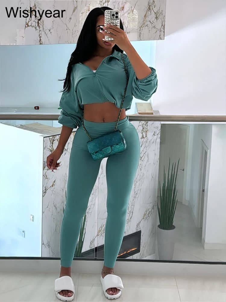 Khaki Crop Jacket and Leggings Tracksuit