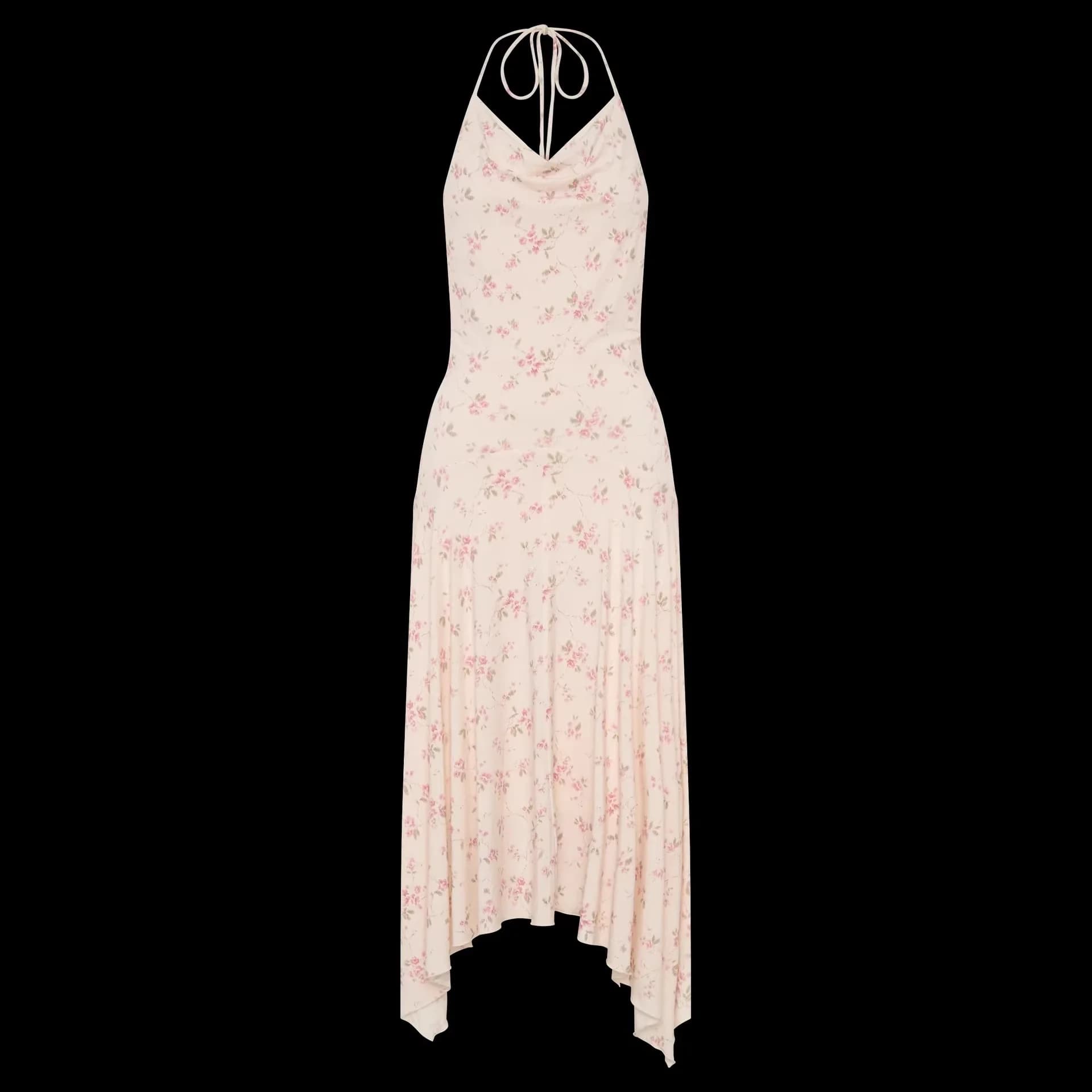 Women's Fashion New French Retro Irregular Floral Skirt Sexy Backless European and American Strappy Dress for Women