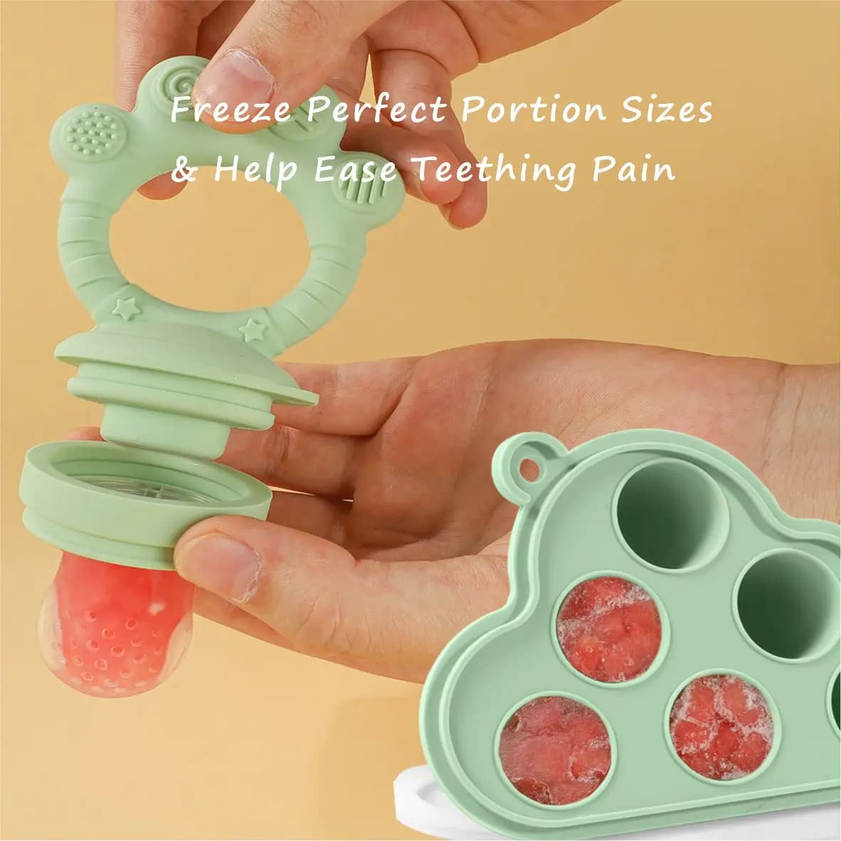 Baby Fruit Food Feeder & Freezer Nibble Tray Combo, Breastmilk Popsicle Molds，Silicone Feeder，Infant Self Feeding, 4M+