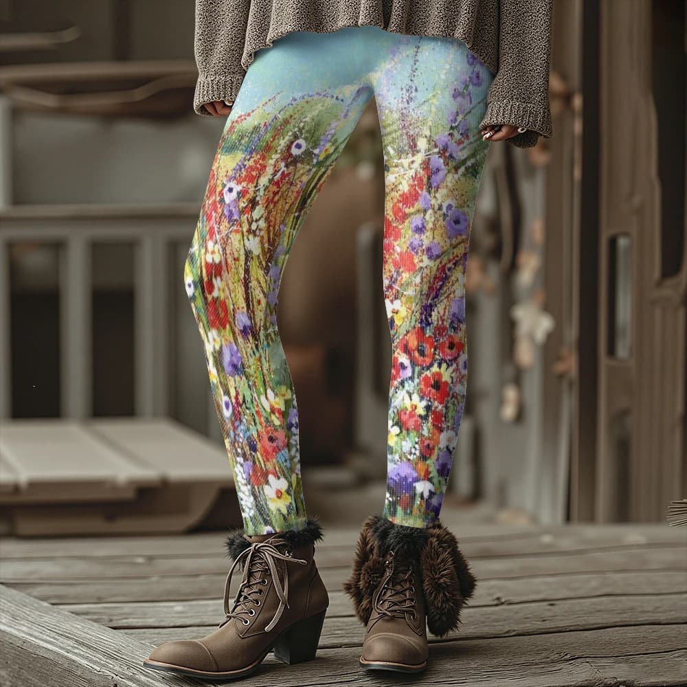 Colorful Blooming Flowers Pattern Women's Leggings Autumn Winter Warm Fashion Tights Stylish Outdoor Look Fashion Streetwear