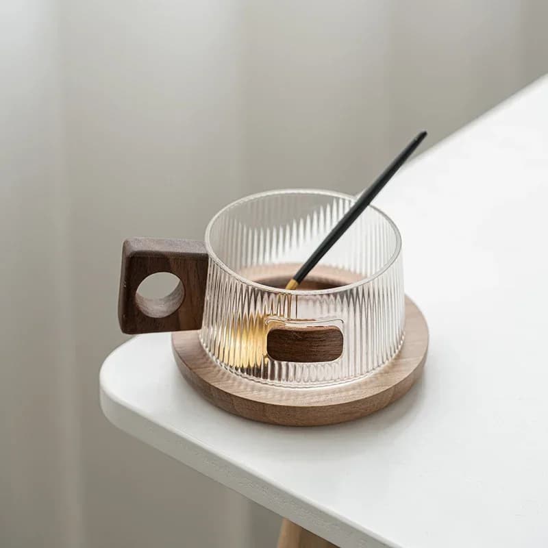 Walnut Wood Coffee Cup Set with Tray and Spoon