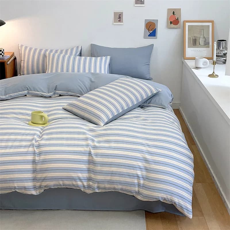 Solid color comfortable bedding three-piece set, blue four-piece set