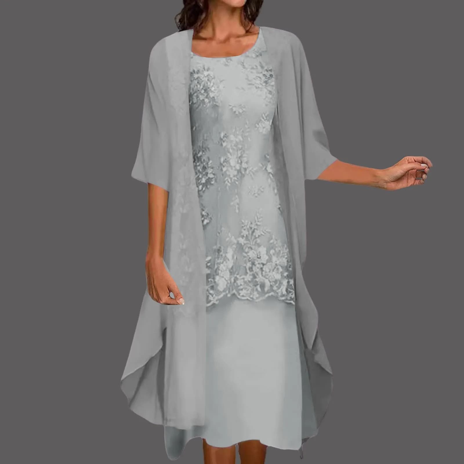 Women's Embroidered A-Line Dress with Chiffon Cardigan