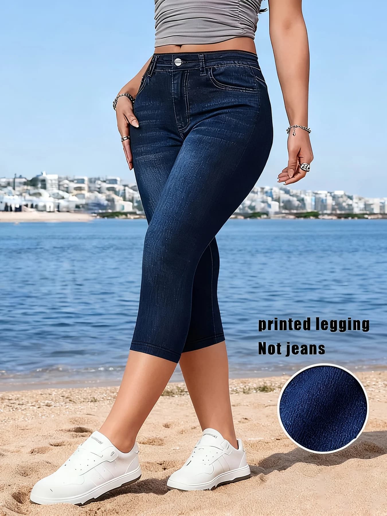 Women's Summer Capri Leggings with Denim Print