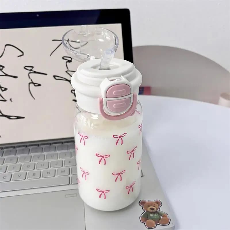 Cute Water Bottle with Straw Portable Plastic Pop-Up Cover Water Cup Kawaii Bottle Water Leak-Proof Drinking Bottle