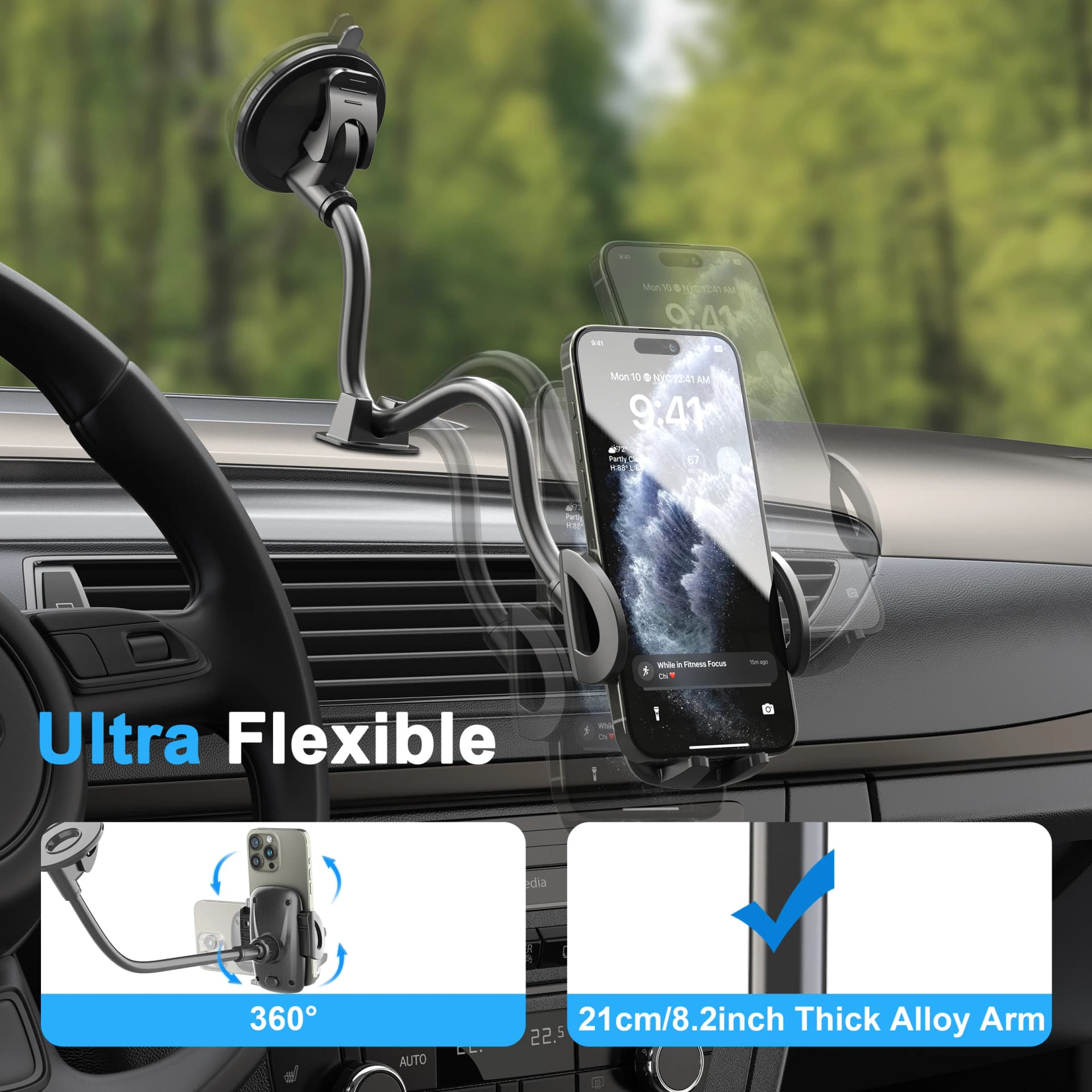 Solid Car Truck Phone Mount Holder with 11.8-Inch Gooseneck Long Arm Anti-Shake Stabilizer Compatible All Cell Phones iPhone
