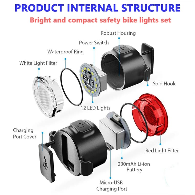 Bike Front Rear Light Set USB Rechargeable