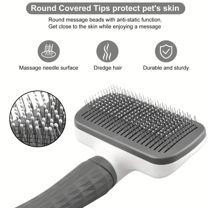 Pet Grooming Brush with One-Click Hair Removal, Bent Needle Massaging Comb for Dogs & Cats