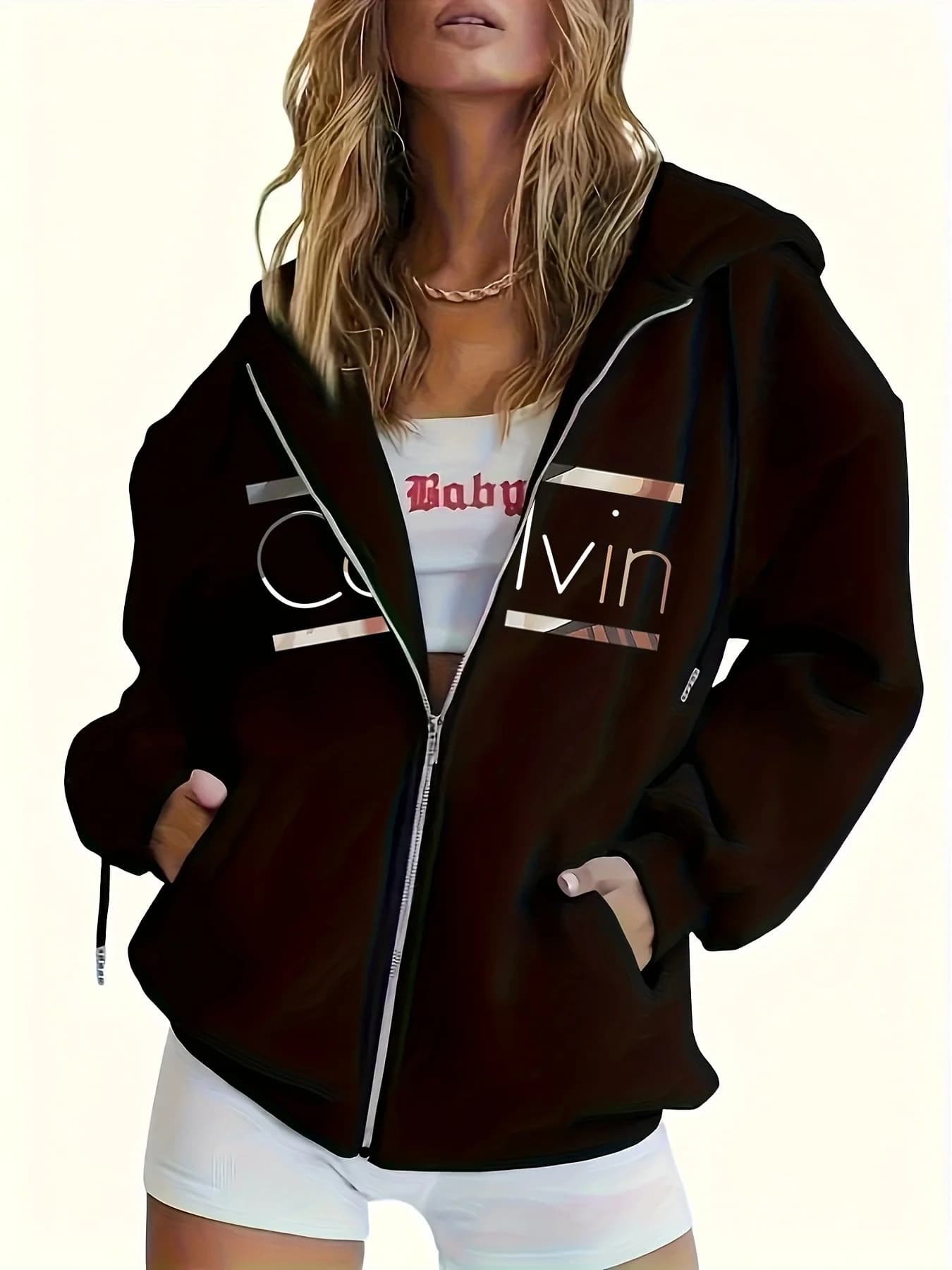Women's Brown Zip-Up Hoodie with Drop Shoulder