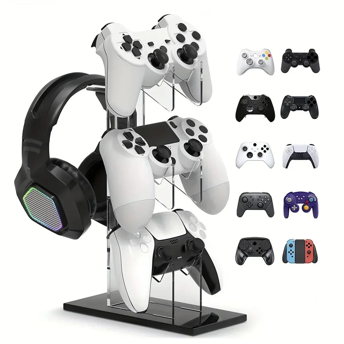 Gaming Accessories 3 Tier Controller Stand Headphone Hanger Game Storage Rack Space Saving for PS5 PS4 Desktop Setup