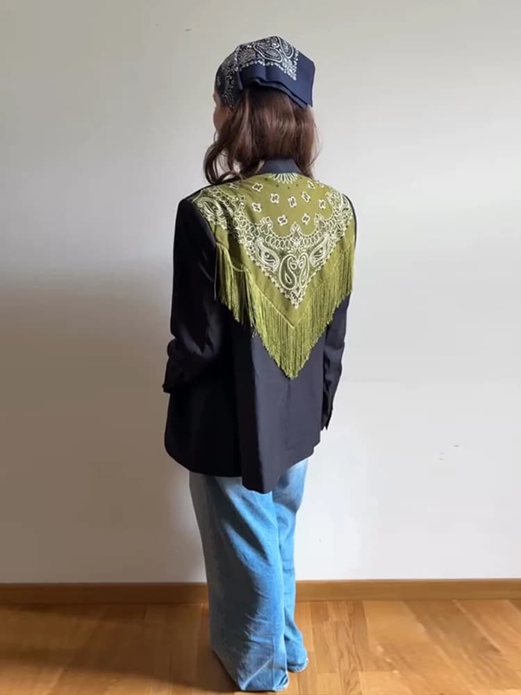 Women's Bandana Print Blazer with Fringe Shawl Back