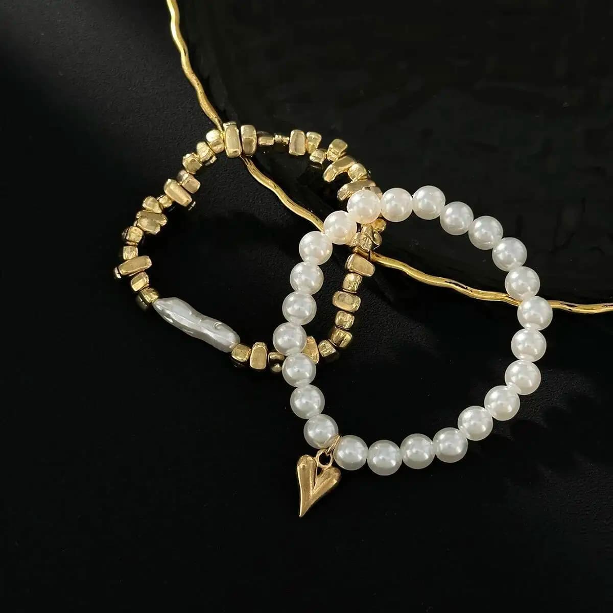 Imitation Pearl Elastic Bracelet Set with Heart Pendant