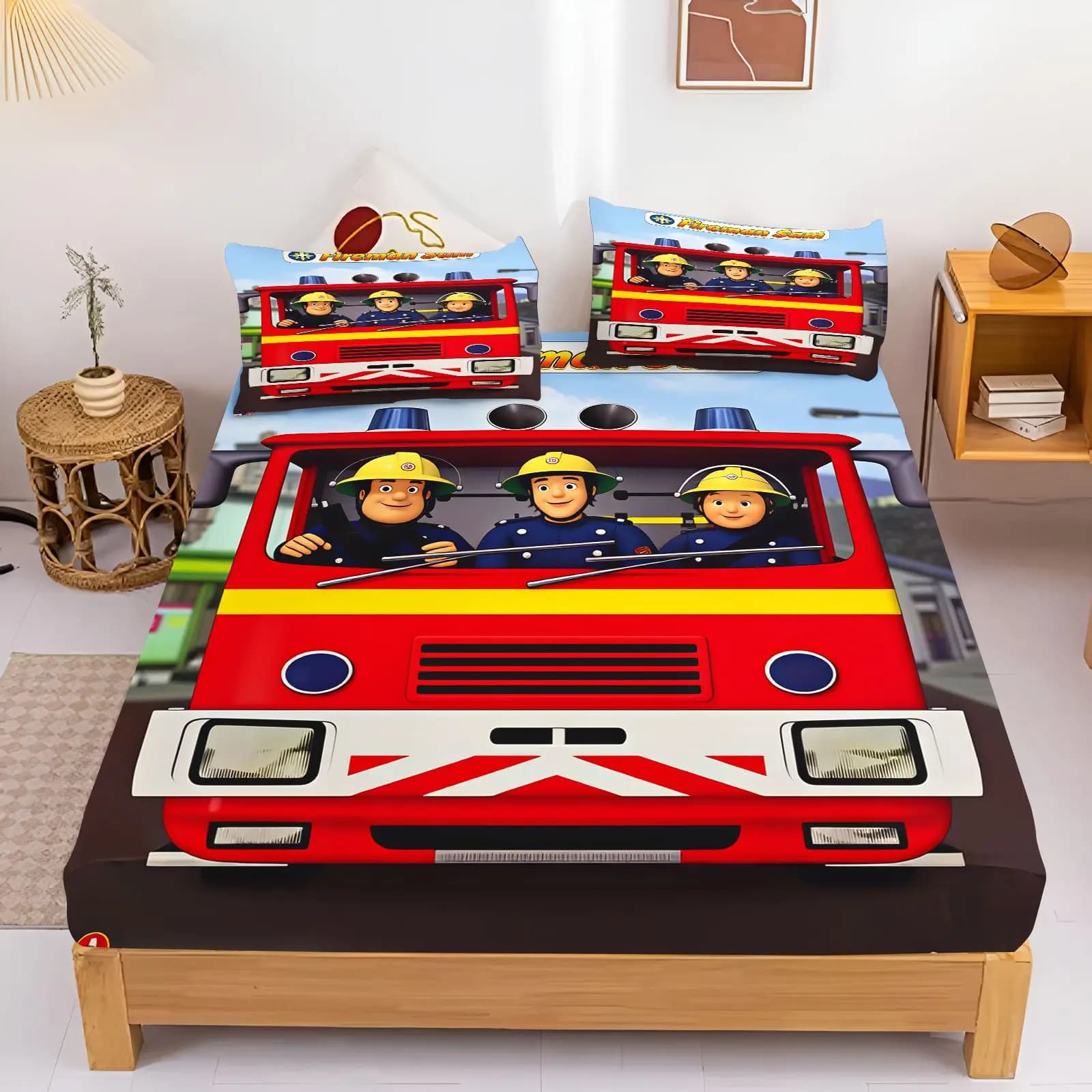 Fireman Sam Bedding Set Fitted Sheet Pillowcase Kids Cartoon Bed Cover Bedroom Decor Bed Sheets Home Textile